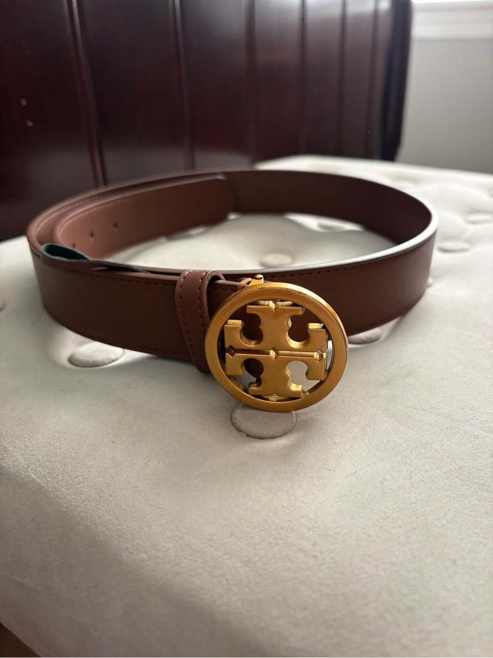 Tory Burch  Leather Belt with Gold Logo Buckle